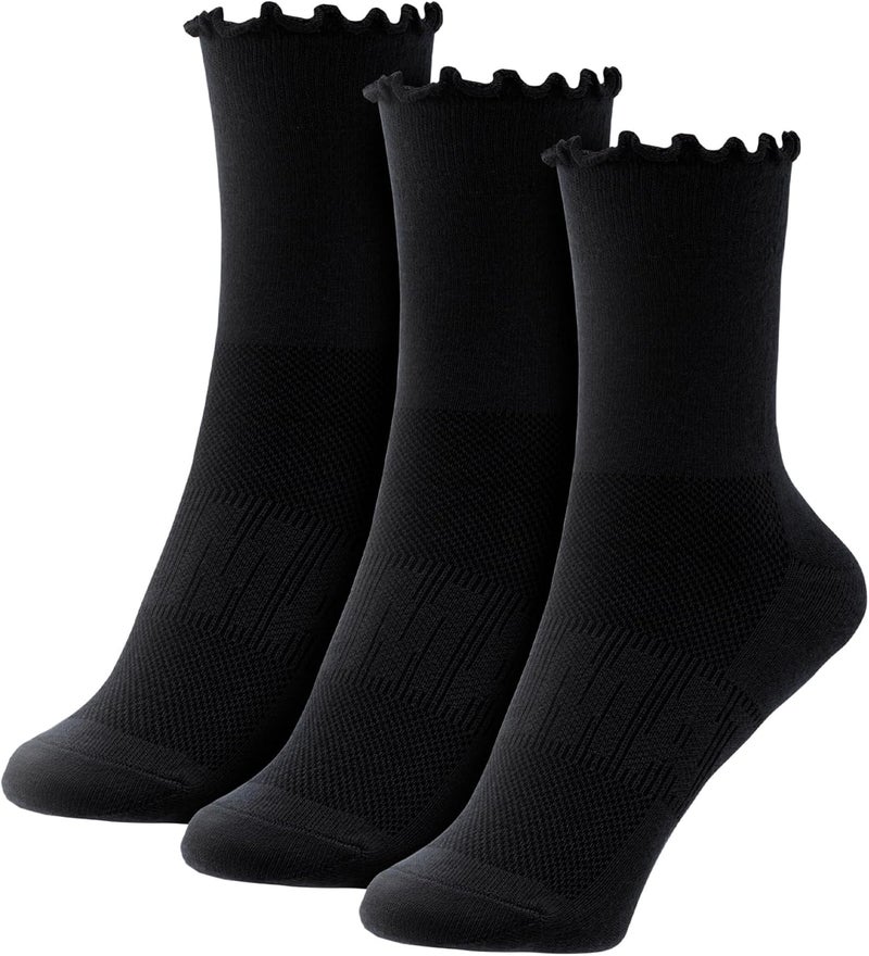 CoolMate Store 3 Pairs Womens Ruffle Socks, Cute Cotton Blend Crew Socks, Turn-Cuff Frilly Ankle Socks for Women - Image 1